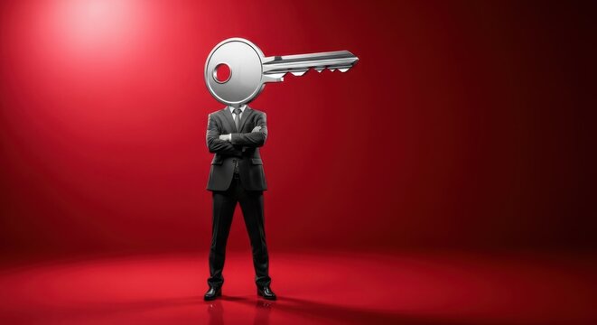 Urgent risk solutions featuring businessman with 3D key head over monochrome red studio background