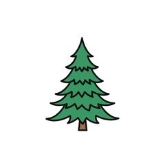 Obraz premium A cartoon illustration of a green evergreen tree with a brown trunk and a white background.