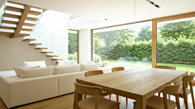 Modern open plan living room and dining area in a luxury home. The bright interior features a wooden floating staircase, white sofa and panoramic windows to the garden