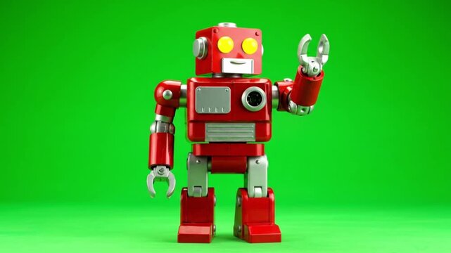 Red robot toy in bright lighting with metallic texture for robotics advertising