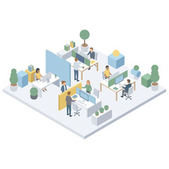 Isometric illustration of business people working together in a modern office space.