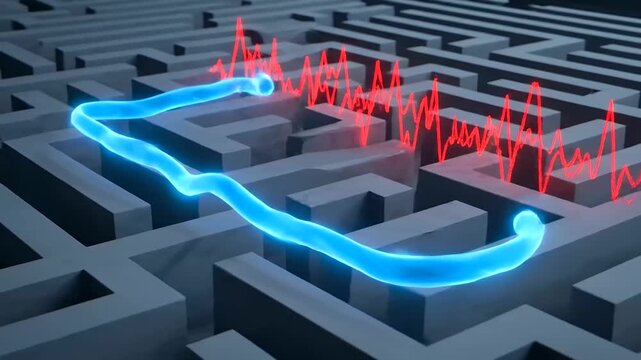 Quantum arbitrage paths effectively navigate a complex digital maze with dynamic fluctuating data, illustrating strategic problem-solving and optimal route discovery in a challenging environment.