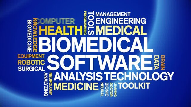 Biomedical software animated word cloud-text design animation tag kinetic typography seamless loop.