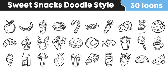 A diverse collection of thirty hand-drawn doodle-style icons featuring an assortment of sweet and savory snacks, healthy fruits, fast food, and refreshing beverages for playful design projects.