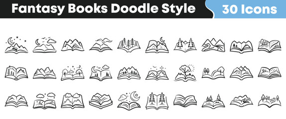 Collection of thirty hand drawn black and white doodle style icons representing fantasy books with mountain and nature themes. © Vectoravec