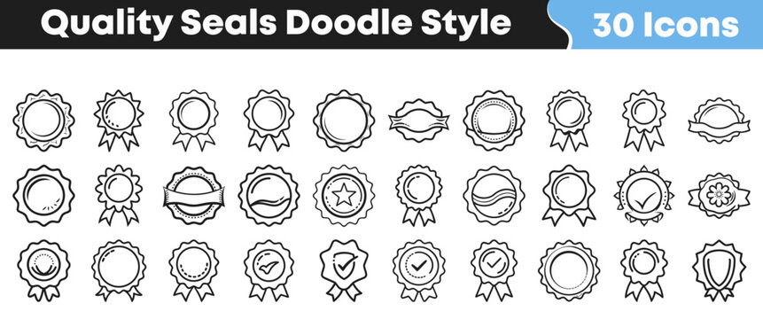 Collection of thirty unique hand drawn quality seals badges and award ribbons icons in a simple doodle outline style for design.