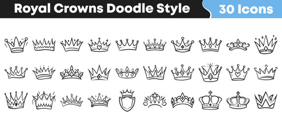 A diverse collection of hand-drawn royal crowns in a charming doodle style offers a variety of regal and majestic designs perfect for creative projects and whimsical artwork. © Vectoravec