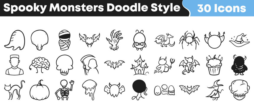 Thirty charming spooky monsters and Halloween related icons presented in a fun and distinctive hand drawn doodle art style collection.