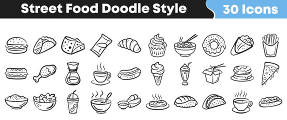 Collection of thirty black and white doodle style icons representing various popular street food items and beverages for design projects.