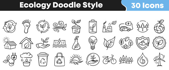 This comprehensive collection of hand-drawn ecology doodle style icons showcases various environmental protection, sustainability, and renewable energy symbols perfect for web and print projects. © Vectoravec