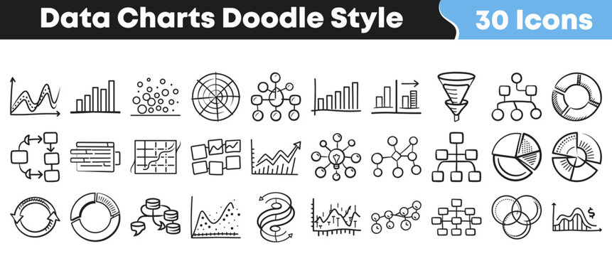 Thirty hand drawn doodle style icons representing various data charts graphs flowcharts and statistical analysis elements for reports.