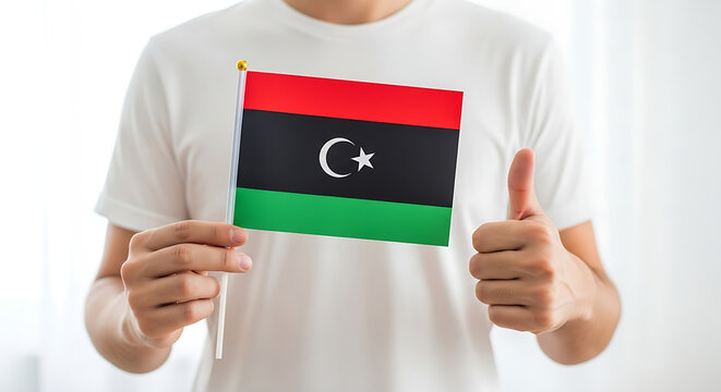 ​A person in a white shirt holding a small Libyan flag while giving a thumbs up against a bright background.