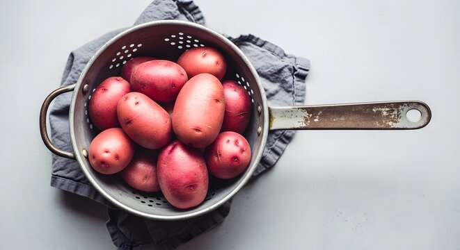 A colander filled with fresh red potatoes on a clean white background