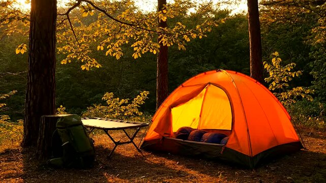 An enchanting orange tent with a warm interior glow nestled amidst sunlit autumn trees, perfect for Kids Summer Adventures and backyard tent glow during a serene golden hour camping experience.