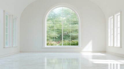 Fototapeta premium Bright and Airy Interior Space with Large Arch Window Overlooking Lush Greenery and Natural Light Streaming In