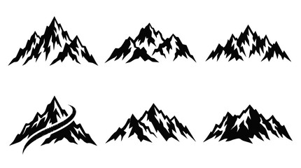 Set of black silhouette mountain icons on white background.