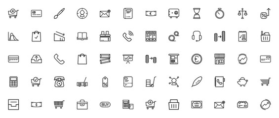 Marketing icon set. Business vector symbols for shopping cart, credit card, money, profits, calculator, and more. Editable stroke line icons.