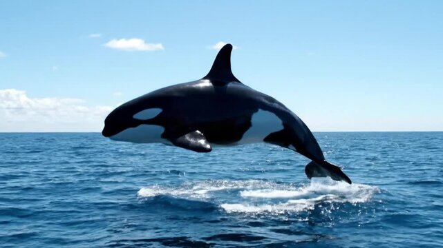Orca jumping out of ocean water in natural sunny outdoor setting for marine wildlife education