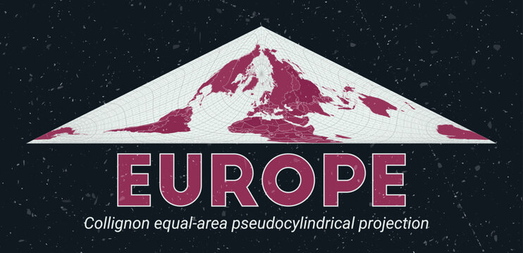 Europe. World map. Collignon equal-area pseudocylindrical projection centered to Europe. Pale Mint Dark Pink palette. Vintage texture. Amazing vector illustration.