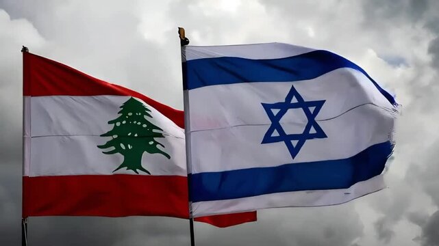 lebanon and israel flags waving against grey cloudy sky representing regional tension and border situation
