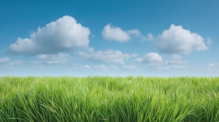 Lush Green Grass Field Under Bright Blue Sky with Fluffy White Clouds in a Serene Landscape Perfect for Nature Scenes