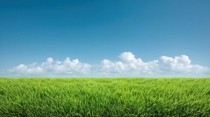 Fototapeta premium Lush Green Grass Field Under Clear Blue Sky with Soft White Clouds in the Background Capturing Nature's Beauty