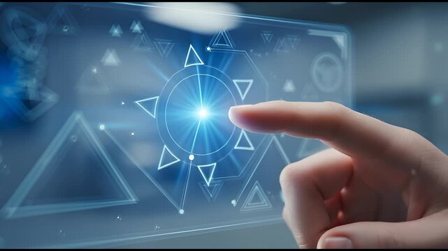 Finger Touches Futuristic Holographic Interface with Data Visualization