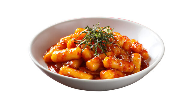 deep fried Korean rice cake (Tteokbokki) with spicy sauce - Korean food style By Hound isolated on a white background