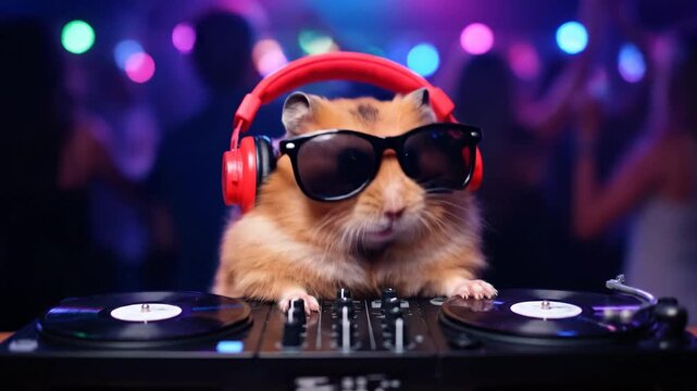 Cool hamster dj wearing red headphones and sunglasses mixing music on a turntable console. Humorous animal character performing at a nightclub party with a surprised face