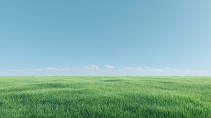 Fototapeta premium Vast Green Grass Field Under Clear Blue Sky with Soft Clouds on the Horizon, Ideal for Natural Landscapes and Outdoor Themes
