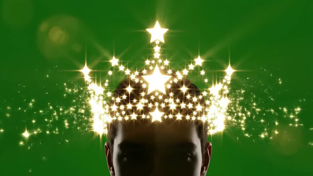 A Radiant Crown of Stars Forming Rotating Above a Person's Head on a Green Screen Background with Sparkles and Lens Flares