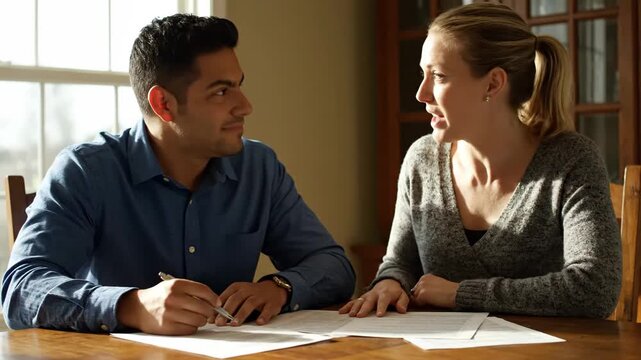 Happy diverse couple completing paperwork for a new home purchase. An adult hispanic man and caucasian woman sign a mortgage agreement, showing the process from review to completion