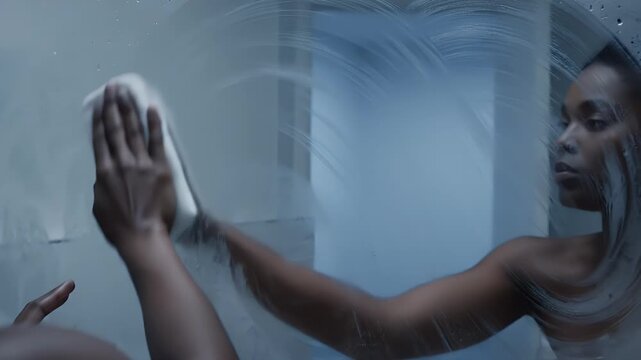 Close up first person view of a woman cleaning a steamy bathroom mirror with a white cloth in a modern tiled bathroom with soft blue lighting