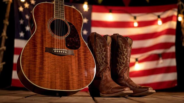 American country music concept with an acoustic guitar and cowboy boots on a wooden stage. Patriotic still life scene for a festival or concert with a usa flag background