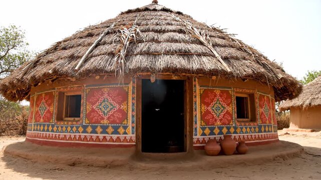 A traditional round mud hut with a thatched roof decorated with colorful folk art. Rural village home in india showcasing cultural heritage and a simple, authentic lifestyle