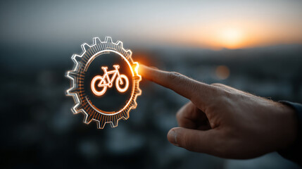 Hand pointing at glowing cycling wheel icon in high rise urban office at sunset, representing momentum based scaling strategy