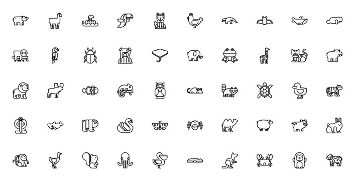 Animals icon set. Vector illustration pack featuring rhinoceros, llama, snake, toucan, siberian husky, hen, anteater, bat, whale and more wildlife symbols.