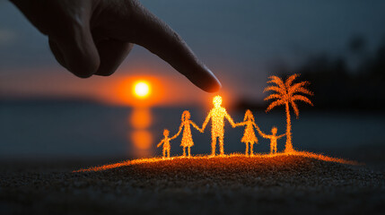 Hand pointing at glowing family travel vacation icon with beach sunset background, representing lifestyle balance and recreation planning strategy