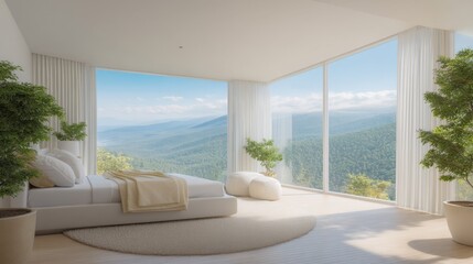 Fototapeta premium Serene Bedroom with Panoramic Mountain View and Natural Light in Modern Minimalist Design