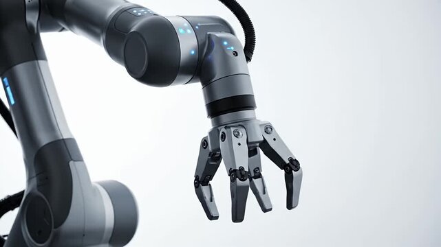 Modern robotic arm with gripper on isolated white background