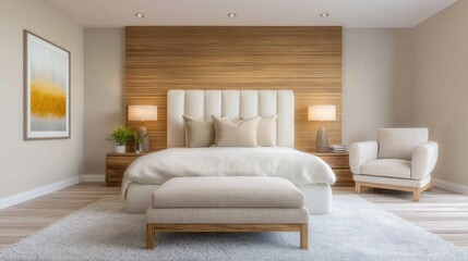 Fototapeta premium Modern and Cozy Bedroom Design Featuring Soft Textures, Neutral Tones, and Elegant Wood Accents for Relaxation