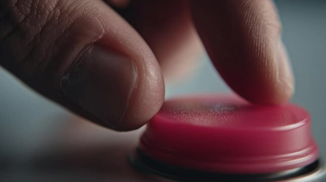 Macro of a human finger on a red buzzer pressing button