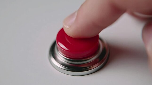 Close up of a hand finger buzzer pressing button on white