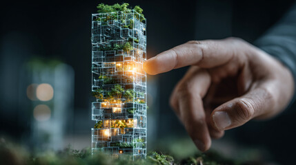Hand pointing at glowing vertical farming tower icon in urban agriculture workspace, representing space efficient food growth strategy