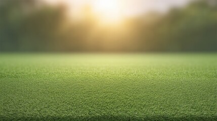 Naklejka premium Lush Green Grass Field Under Soft Sunset Glow with Gentle Bokeh Effect in Background