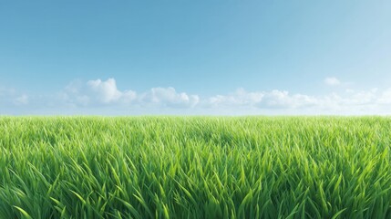 Fototapeta premium Lush Green Grass Under a Clear Blue Sky with Soft White Clouds on a Sunny Day in an Open Field Landscape