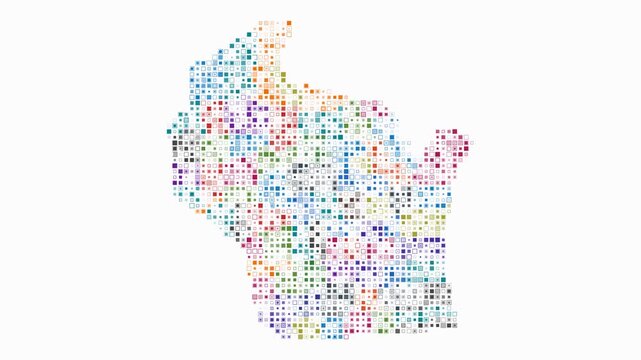 Wisconsin animated shape. Pulsating colored dots on the map of the state. Small size square blocks. Digital style Wisconsin map on white background. Beautiful animation video.