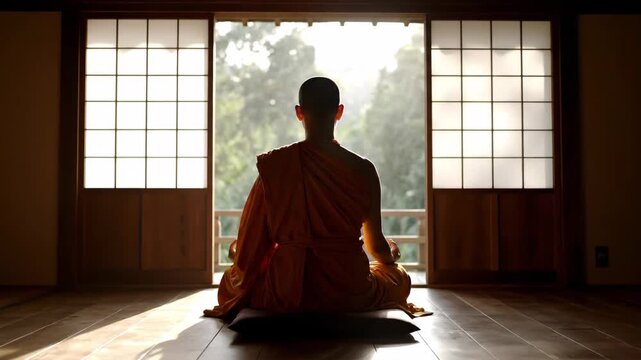 Rear view of a male buddhist monk in a serene meditative state. Practicing zazen in a traditional japanese room with sunlight streaming through an open shoji door