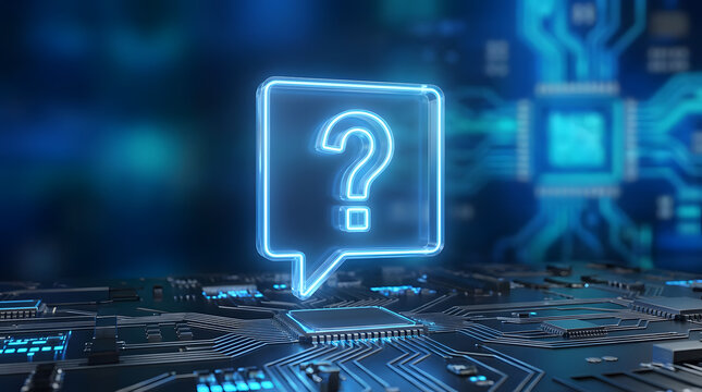 Glowing Question Mark Speech Bubble on Futuristic Blue Circuit Background