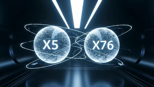 Quantum arbitrage paths exploring complex digital data exchange between two futuristic glowing spheres X5 and X76 in an abstract high-tech data processing environment.